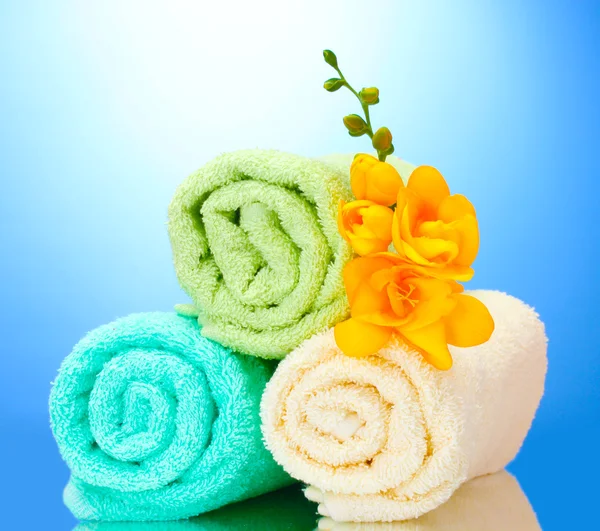 Färgglada handdukar och blommor på blå bakgrund — Stockfoto