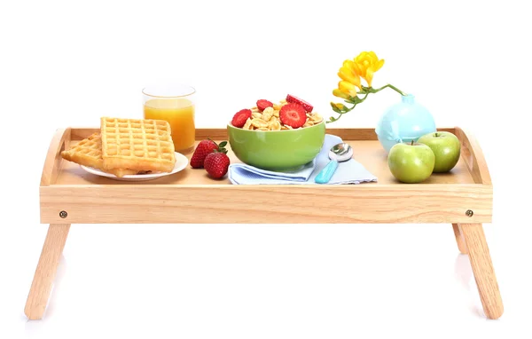 Light breakfast on wooden tray isolated on white — Stock Photo, Image