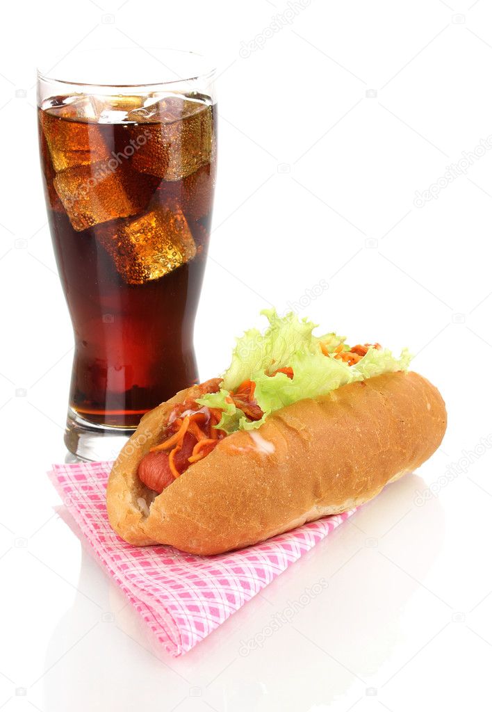 Appetizing hot dog and cola isolated on white
