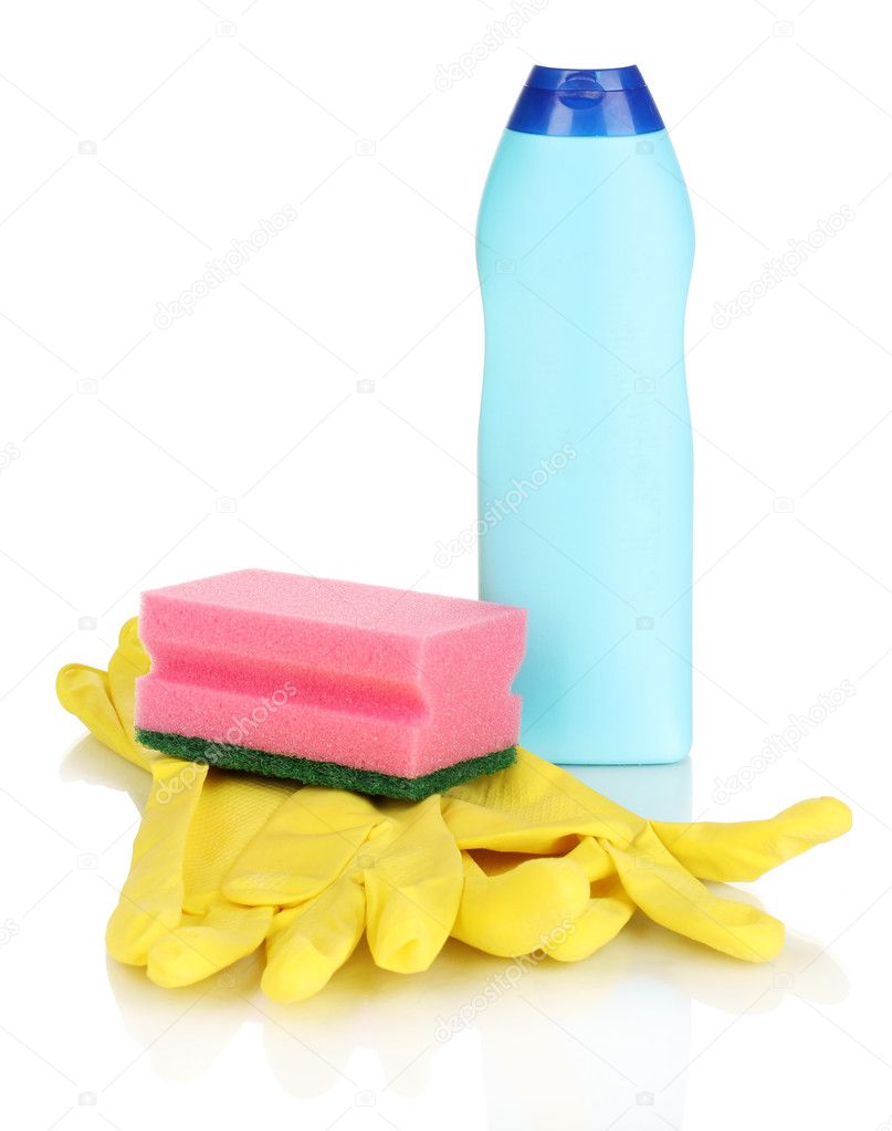 Dishwashing liquid with gloves and sponge isolated on white