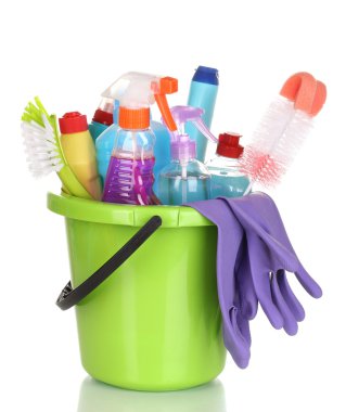 Cleaning items in bucket isolated on white clipart