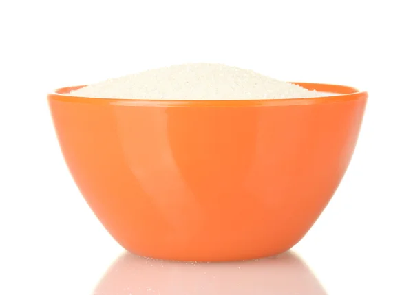Uma tigela colorida cheia de açúcar branco isolado no fundo branco — Fotografia de Stock