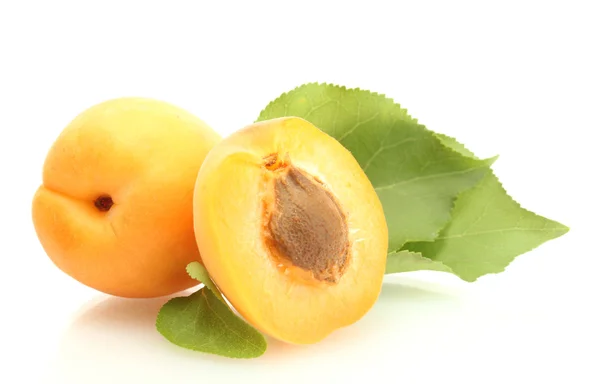 Reife süße Aprikosen mit grünen Blättern isoliert auf weiß — Stockfoto