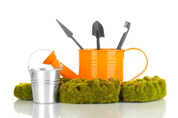 Musgo verde e regador com ferramentas de jardinagem isoladas em branco — Fotografia de Stock