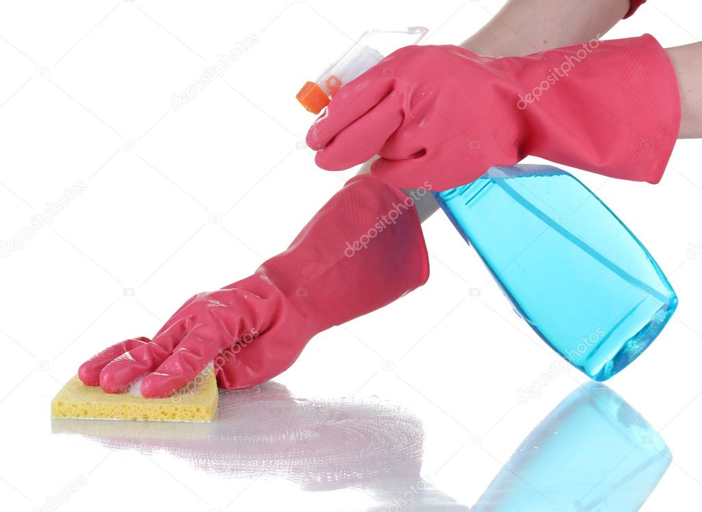 Cleaning surface in bright gloves with sponge and cleaning product on white background