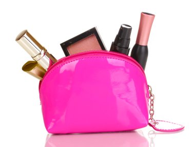 Make up bag with cosmetics isolated on white clipart
