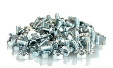 Chrome nuts and bolts on white background close-up clipart