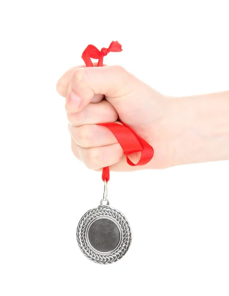 실버 메달을 손에에 고립 된 화이트 — 스톡 사진