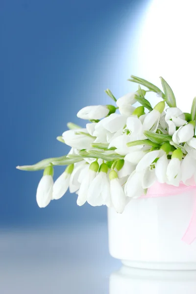 Beautiful bouquet of snowdrops in vase with bow on blue background — Stock Photo, Image