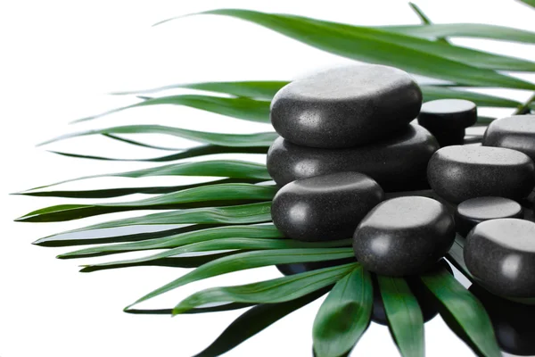 Wellness-Steine auf grünem Palmblatt auf grauem Hintergrund — Stockfoto