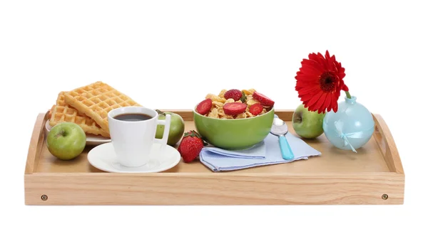 Light breakfast on wooden tray isolated on white — Stock Photo, Image