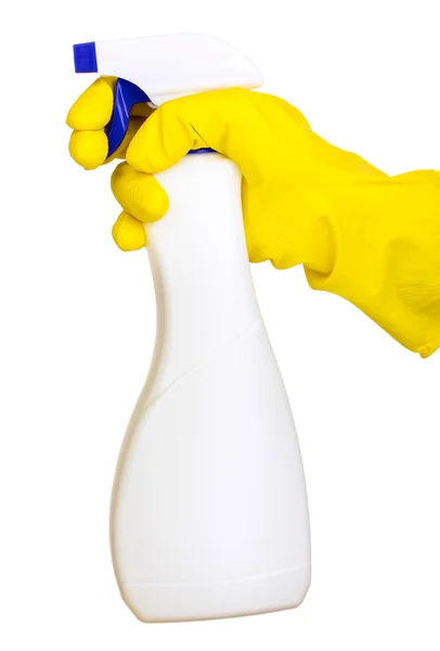 Spray detergente in mano isolato su bianco — Foto Stock