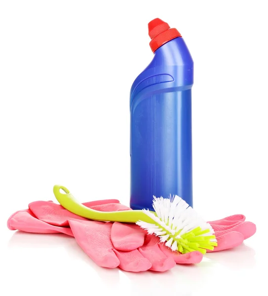 Articoli per la pulizia e spazzola per servizi igienici isolati su bianco — Foto Stock