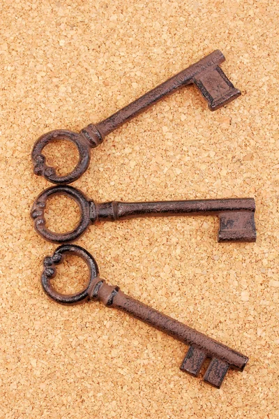 A bunch of antique keys on cork background — Stock Photo, Image