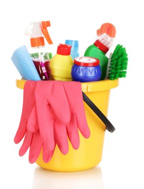 Cleaning items in bucket isolated on white clipart