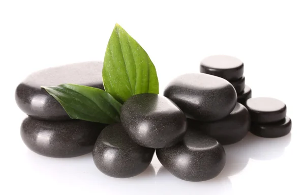 Wellness-Steine und grüne Blätter isoliert auf weiß — Stockfoto