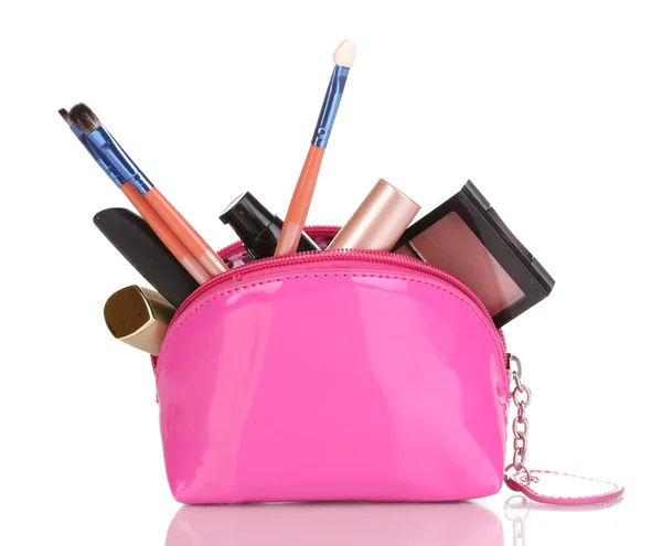 Maquiagem saco com cosméticos e escovas isoladas em branco — Fotografia de Stock