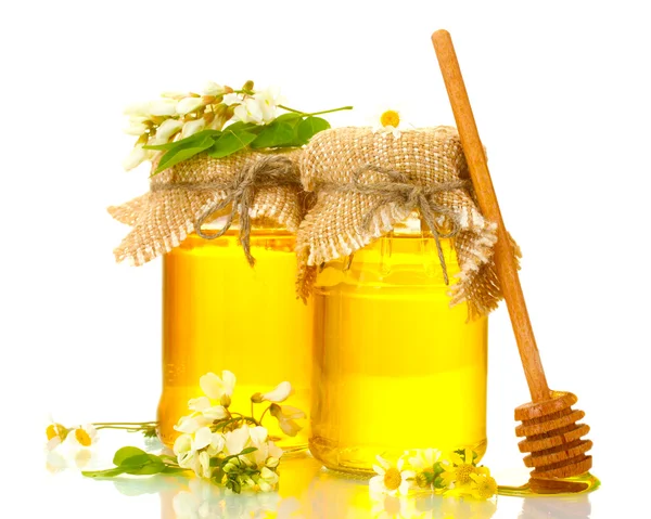 Miel dulce en frascos y flores de acacia aisladas en blanco — Foto de Stock
