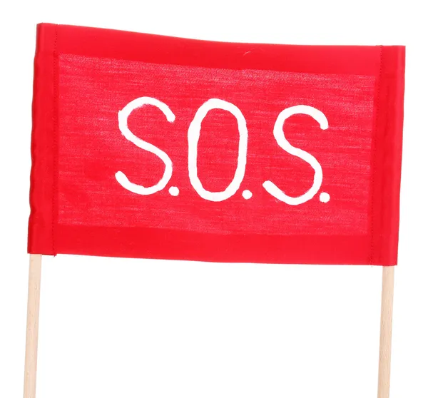 SOS-signaal op rode doek geïsoleerd op wit geschreven — Stockfoto