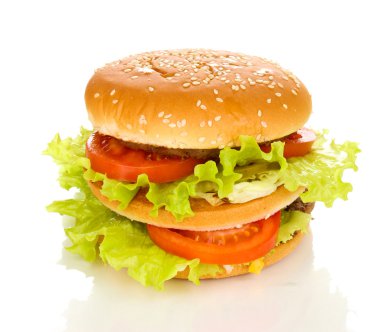 büyük ve lezzetli hamburger üzerinde beyaz izole