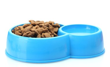 Kuru Köpek Gıda ve mavi üzerine beyaz izole kase su
