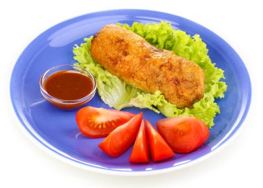 Tasty meat cutlet with garnish on plate isolated on white