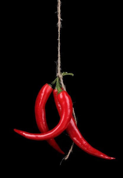 Красный острый перец чили, связанный веревкой, изолированный на черном — стоковое фото