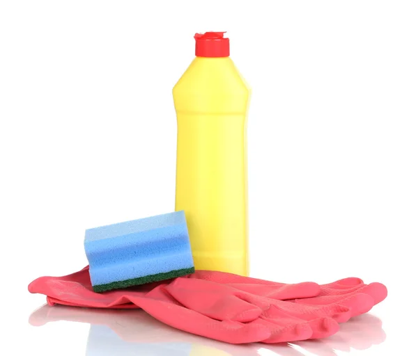 Líquido lavavajillas con guantes y esponja aislados en blanco —  Fotos de Stock
