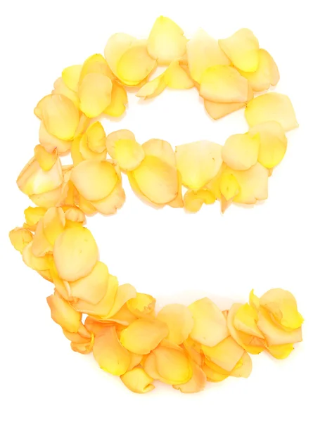 Orange rose petals forming letter e, isolated on white — Stock Photo, Image