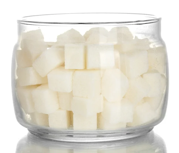 Jar with white lump sugar isolated on white — Stock Photo, Image