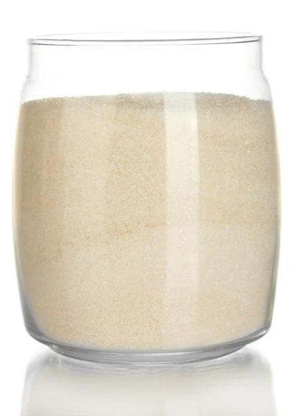 Tarro con azúcar de cristal blanco aislado sobre fondo blanco — Foto de Stock