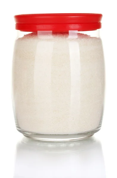 Frasco com açúcar cristalino branco isolado sobre branco — Fotografia de Stock