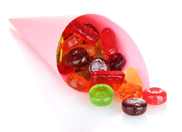 Doces coloridos saborosos em saco brilhante isolado em branco — Fotografia de Stock