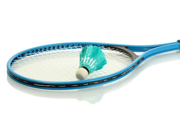 Badminton racket and shuttlecock isolated on white — Stock Photo, Image