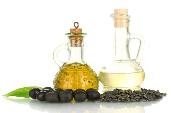 Olej oliwek i słonecznika w małe karafki na białym tle — Zdjęcie stockowe