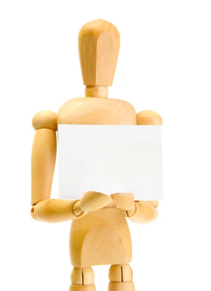 Wooden mannequin with empty paper isolated on white — Stock Photo, Image
