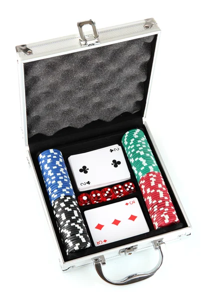 Poker instellen in metalen case geïsoleerd op witte achtergrond — Stockfoto
