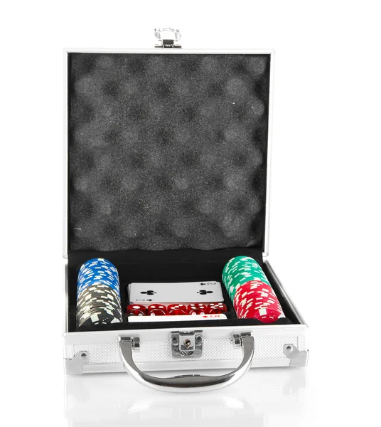 Poker impostato in caso metallico isolato su sfondo bianco — Foto Stock