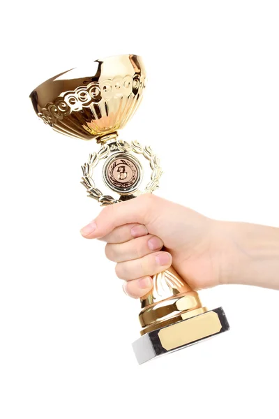 Trofee cup in hand geïsoleerd op wit — Stockfoto