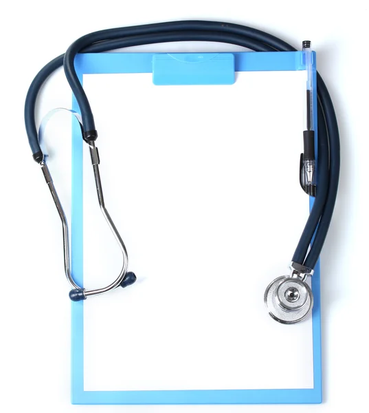 Stetoskop a modré schránky izolované na bílém — Stock fotografie