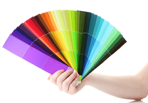 Mão segurando paleta brilhante de cores isoladas em branco — Fotografia de Stock