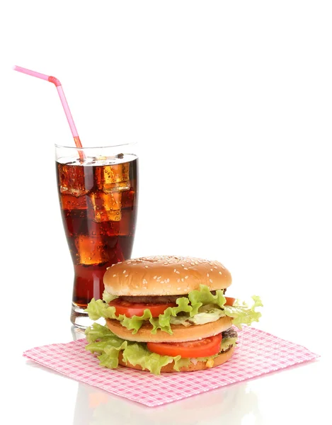 Stor och välsmakande hamburgare och cola isolerad på vit — Stockfoto