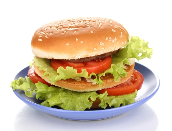 Duże i smaczne hamburgera na płytkę na białym tle — Zdjęcie stockowe