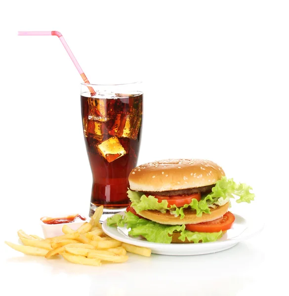 Big and tasty hamburger on plate with cola and fried potatoes isolated on white — Stock Photo, Image