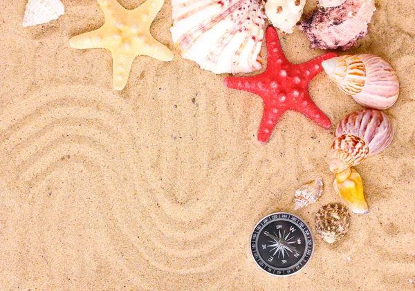 Морские раковины и морские звезды с компассом на песке — стоковое фото