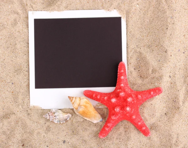 Foto con conchas marinas y estrellas de mar en la arena —  Fotos de Stock