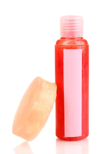 Flaska med scrub och tvål isolerad på vit — Stockfoto