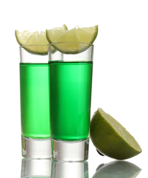 Glasses of absinthe and lime isolated on white — Stock Photo, Image