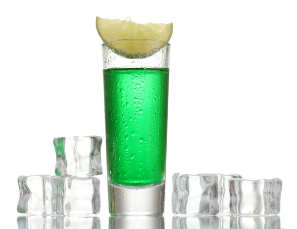 Glass of absinthe, ice and lime isolated on white — Stock Photo, Image