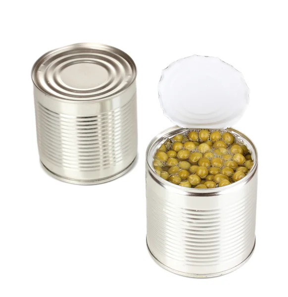 Open tin can of peas and closed can isolated on white — Stock Photo, Image